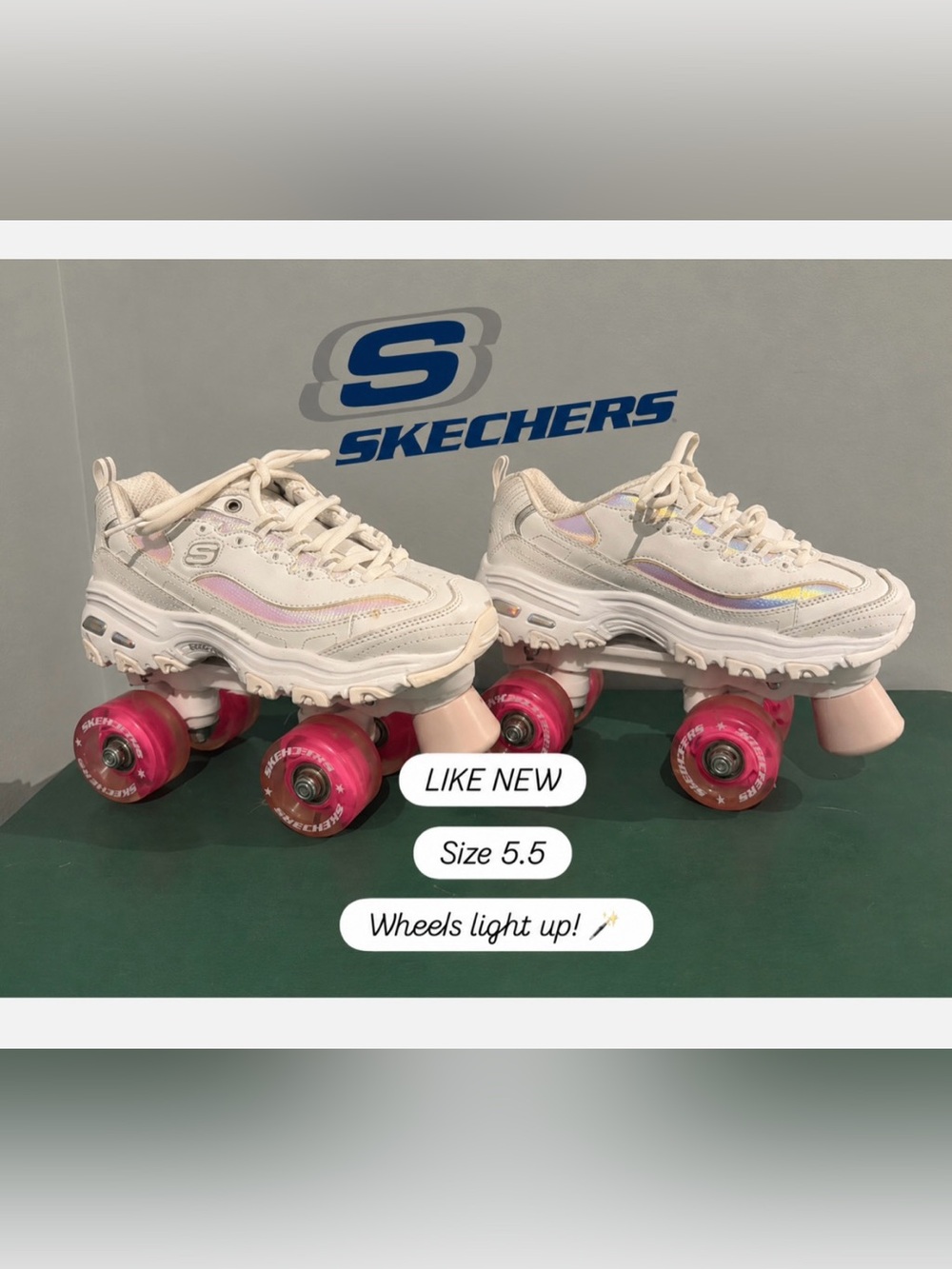 Skechers White Iridescent Platform Roller Skates with Pink Wheels